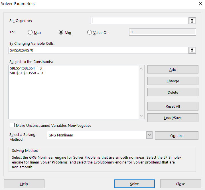 Solver window configured for a WFP run of the Huddleston network
